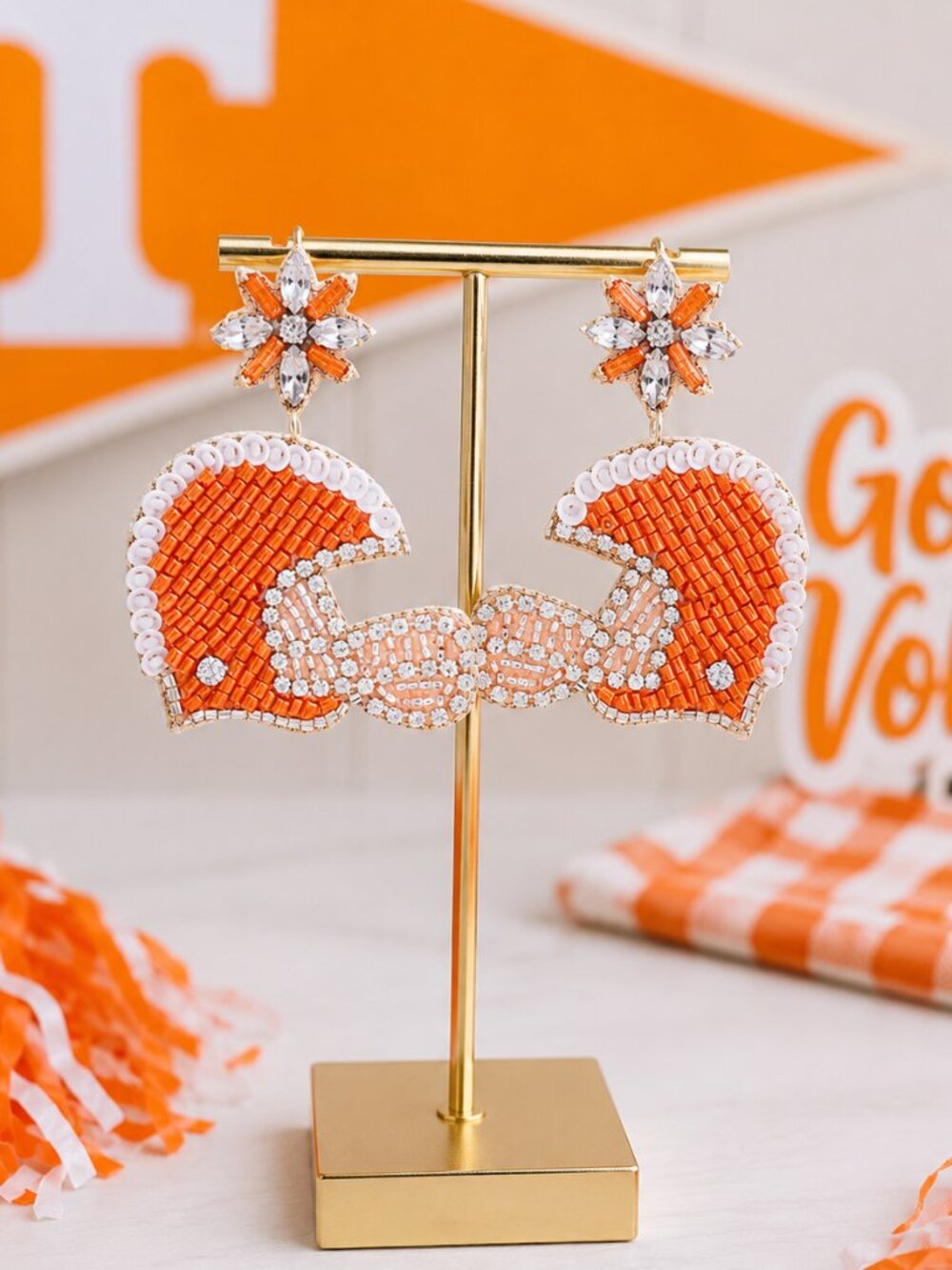 Orange & White College Football Gameday Beaded Rhinestone Helmet NEW Earrings